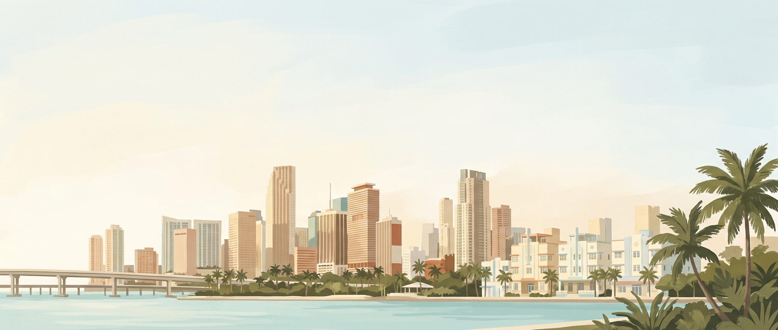 Illustrated Miami skyline across Biscayne Bay